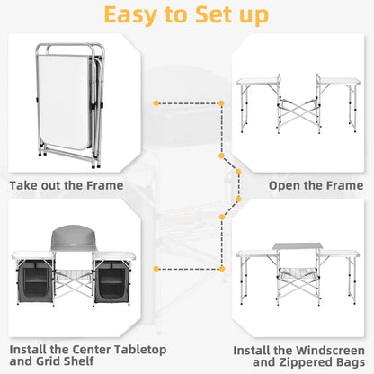 Ultimate Folding Portable Aluminum Camping Grill Table with Storage Organizer and Windscreen in Grey