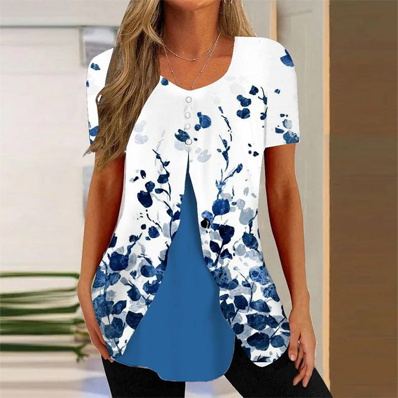 Women’s Printed Faux Two-Piece V-Neck Short Sleeve Top FitiqueFit