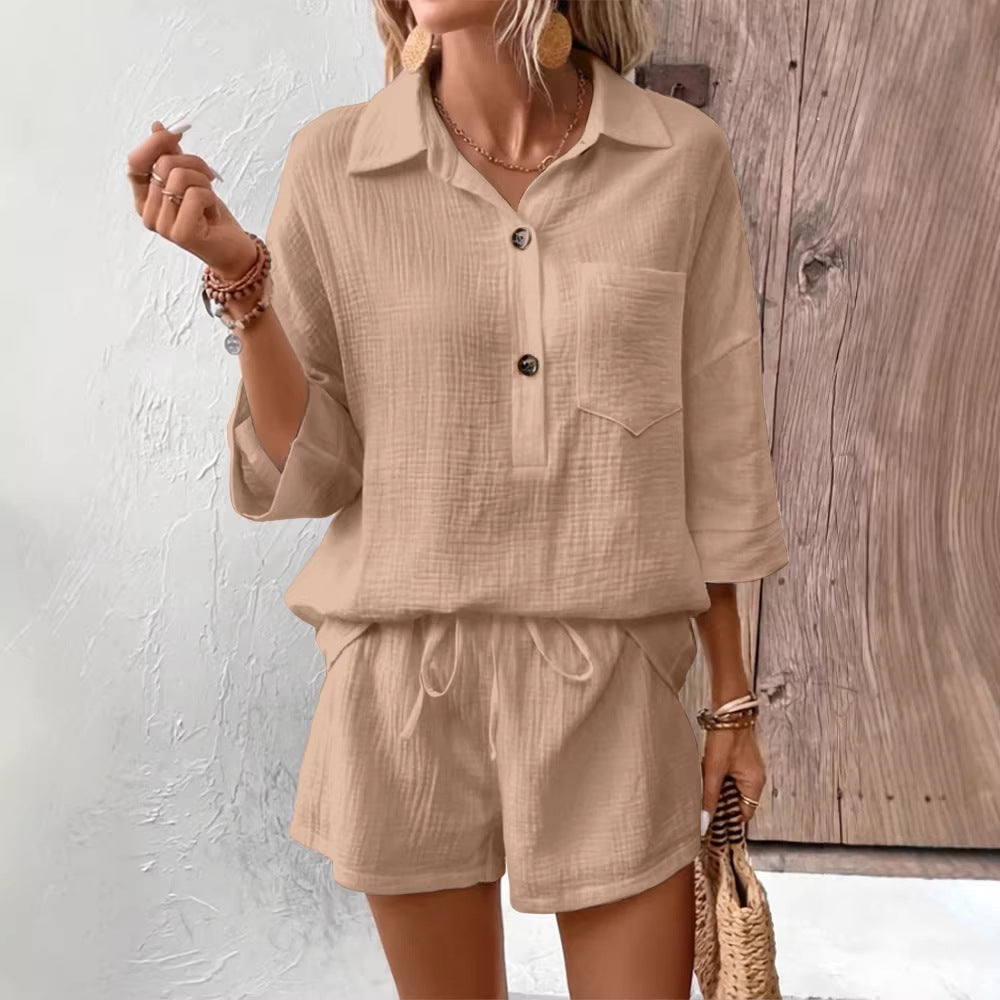 Women's Lapel Collar Double-Panel Shirt & Shorts Two-Piece Set FitiqueFit