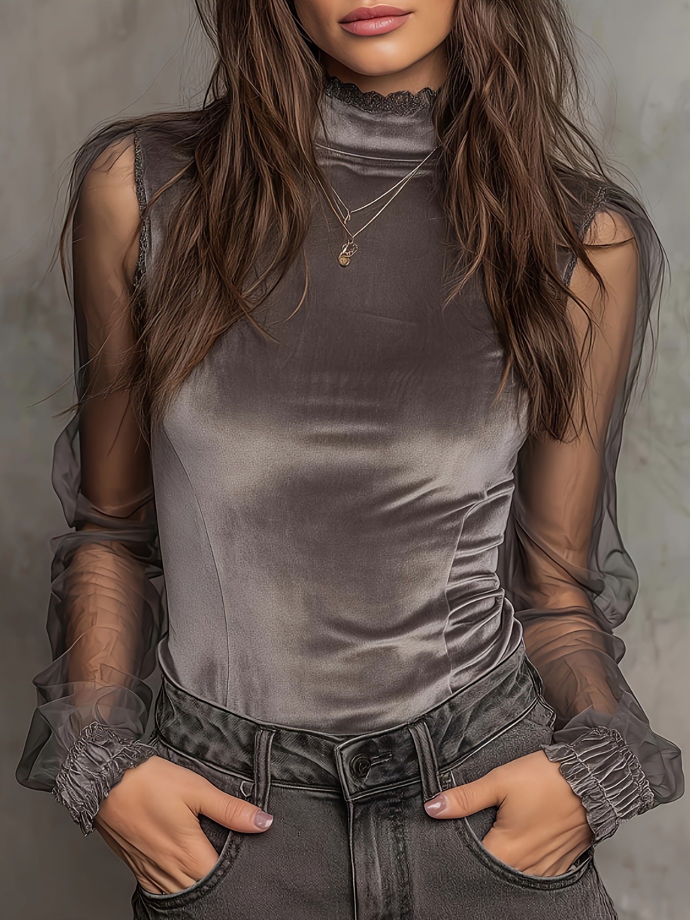 Women's Slim-Fit Lace Panel Mesh Top – Literary Retro Style FitiqueFit
