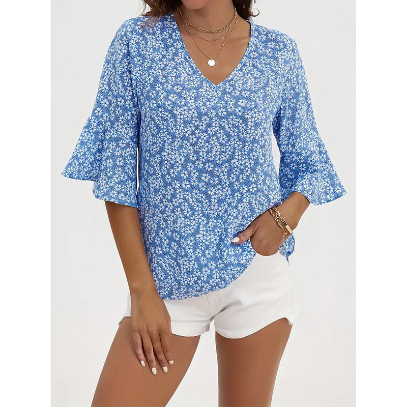 Womens Summer Floral Print Blouses V-Neck Flare Sleeve Tops FitiqueFit