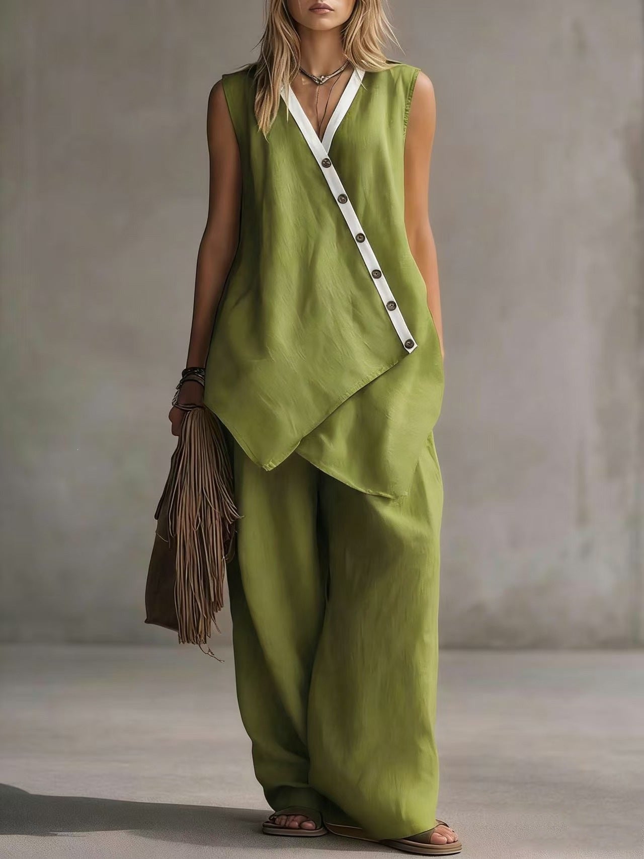 Women's Boho V-Neck Button Vest & Wide-Leg Pants Set FitiqueFit