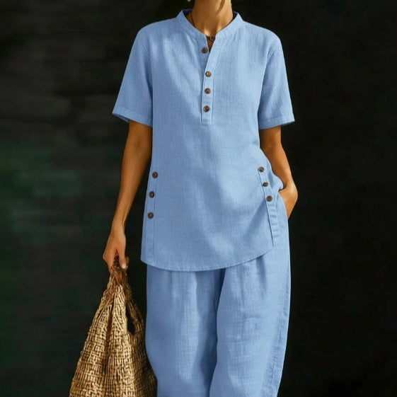 Three-Quarter Sleeve Shirt & Wide-Leg Pants Two-Piece Set – Solid Color Casual FitiqueFit