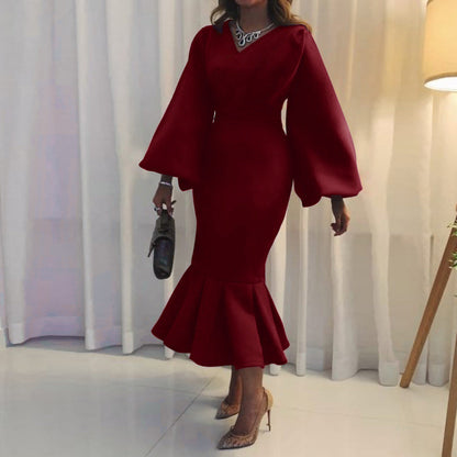 European And American Fashion Plus Size V-neck Long-sleeve Dress Grayceful LLC