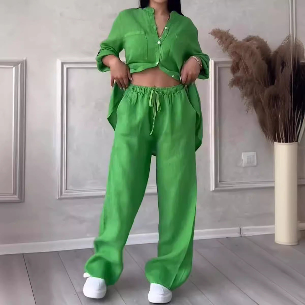 Wide-Leg Pants & Lace-Up Top Two-Piece Set – Solid Color, 12 Colors S–5XL FitiqueFit