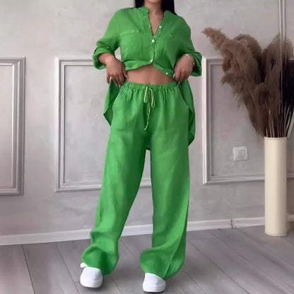 Wide-Leg Pants & Lace-Up Top Two-Piece Set – Solid Color, 12 Colors S–5XL FitiqueFit