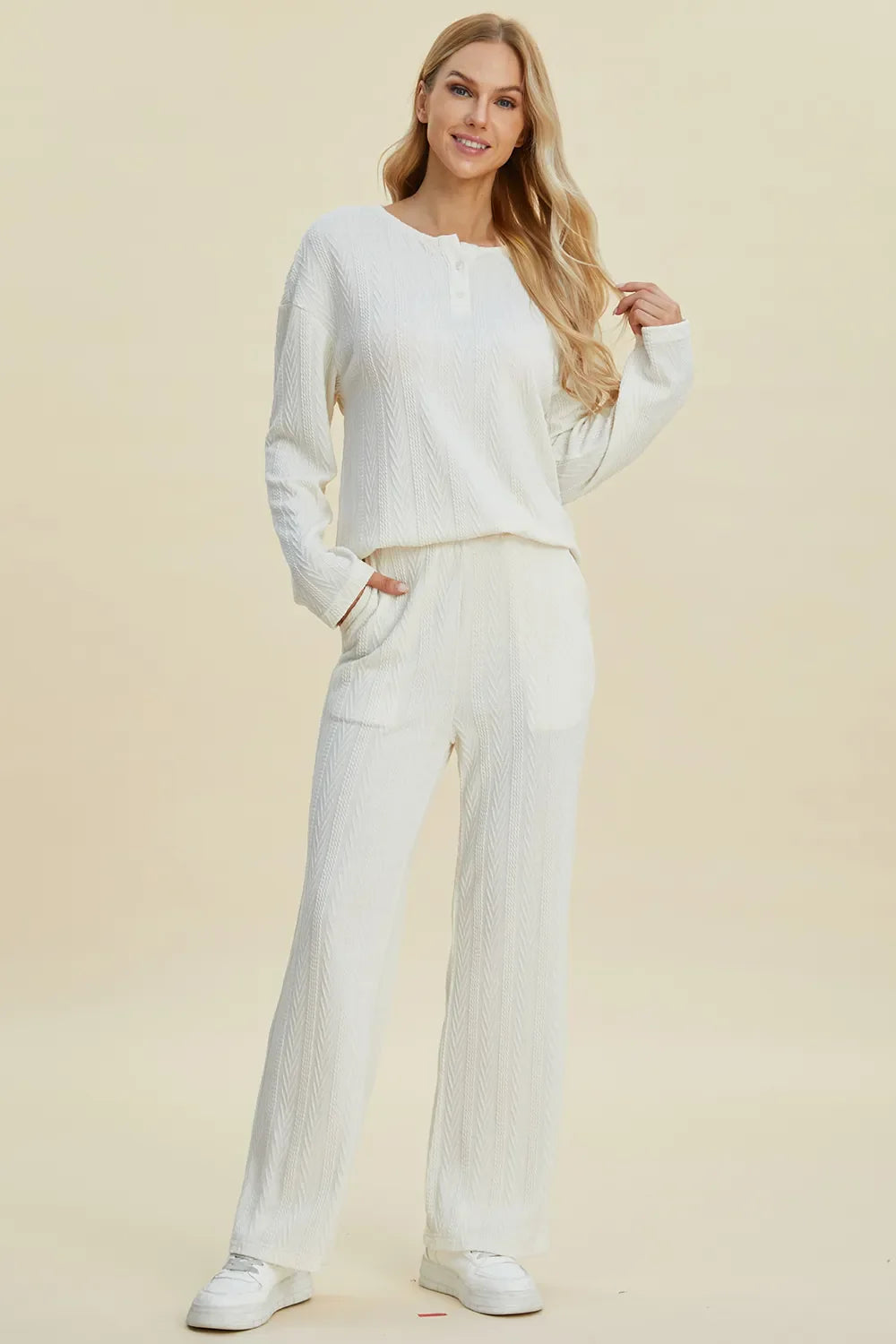 Double Take Full Size Cable-Knit Long Sleeve Top and Pants Set West2East Surf