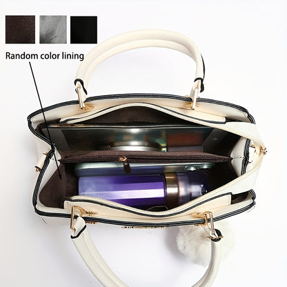 Solid Color Faux Leather Shoulder Bag - Detachable Strap, Zip Closure, Multi-Layer Crossbody Design, Polyester Lining, Fade-Resistant, Pom-Pom Pendant - The Perfect Holiday Gift for Valentine'S Day, Mother'S Day NovaCart