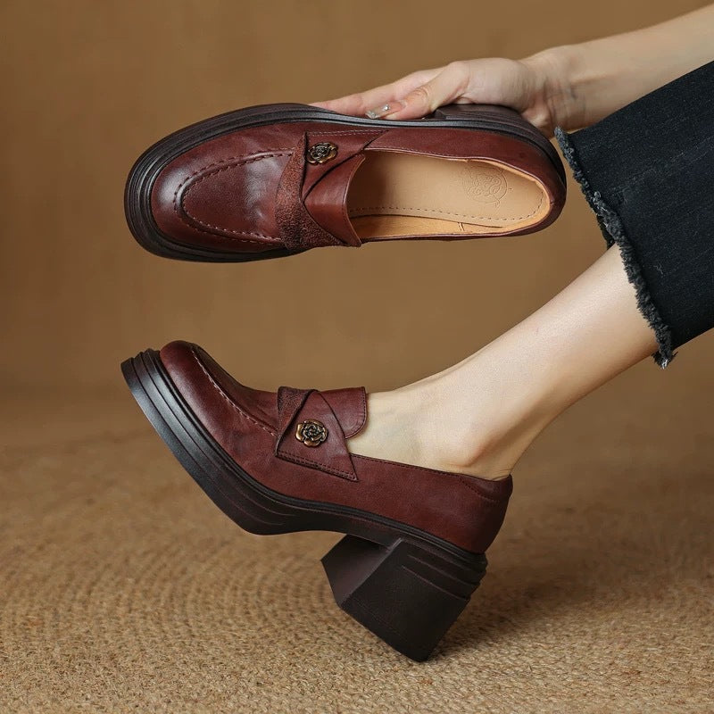 Women’s Vintage Chunky Heel Leather Shoes – Retro Style FitiqueFit