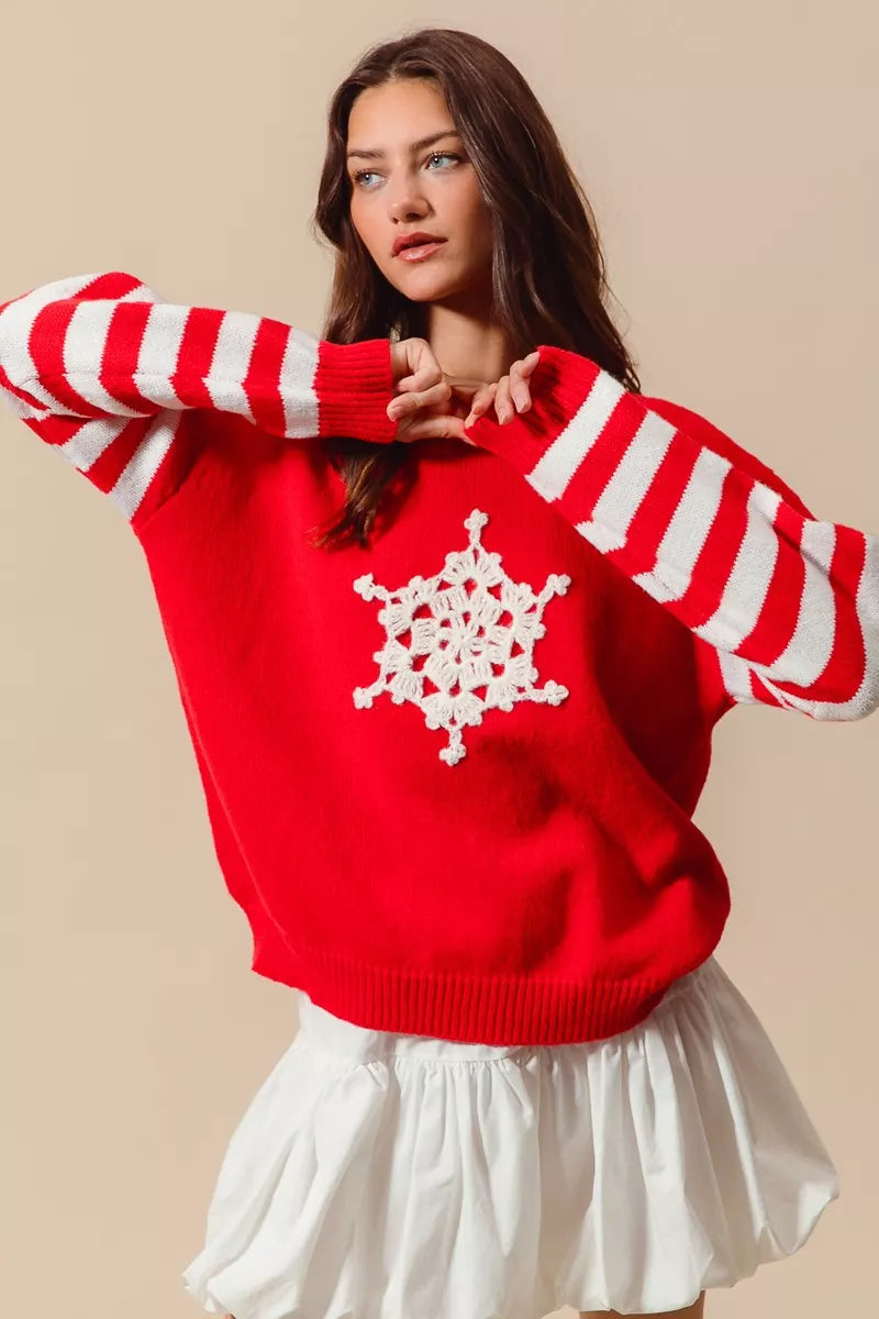 SO ME Christmas Snowflake Crochet Embellished Sweater West2East Surf