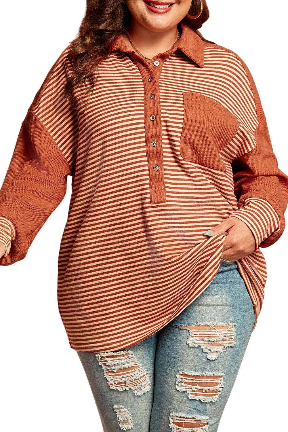 Red Stripe Textured Patched Drop Shoulder Buttoned Plus Size Sweatshirt Garden Naked Curves