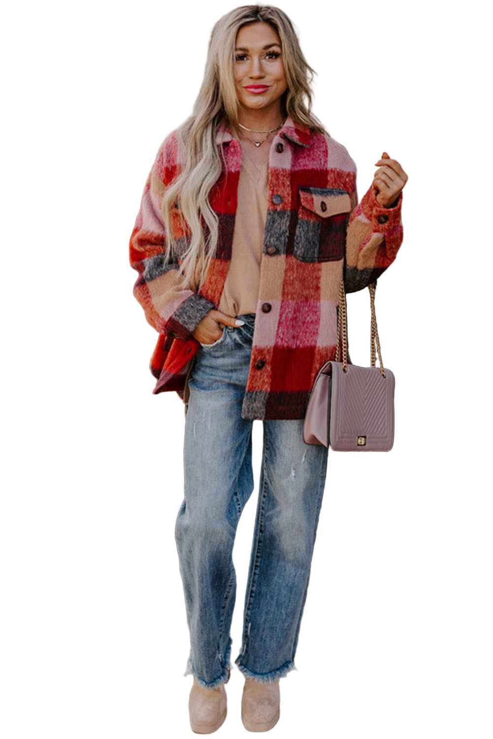 Orange Plaid Print Flap Pockets Buttoned Casual Plus Size Jacket Garden Naked Curves