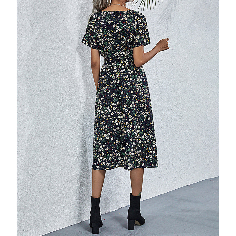 Boho V Neck Floral Print Short Sleeve Mini Dress Cute Smocked Waist Short Dress Grayceful LLC