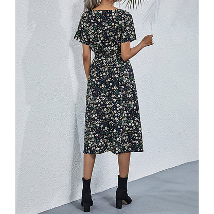 Boho V Neck Floral Print Short Sleeve Mini Dress Cute Smocked Waist Short Dress Grayceful LLC
