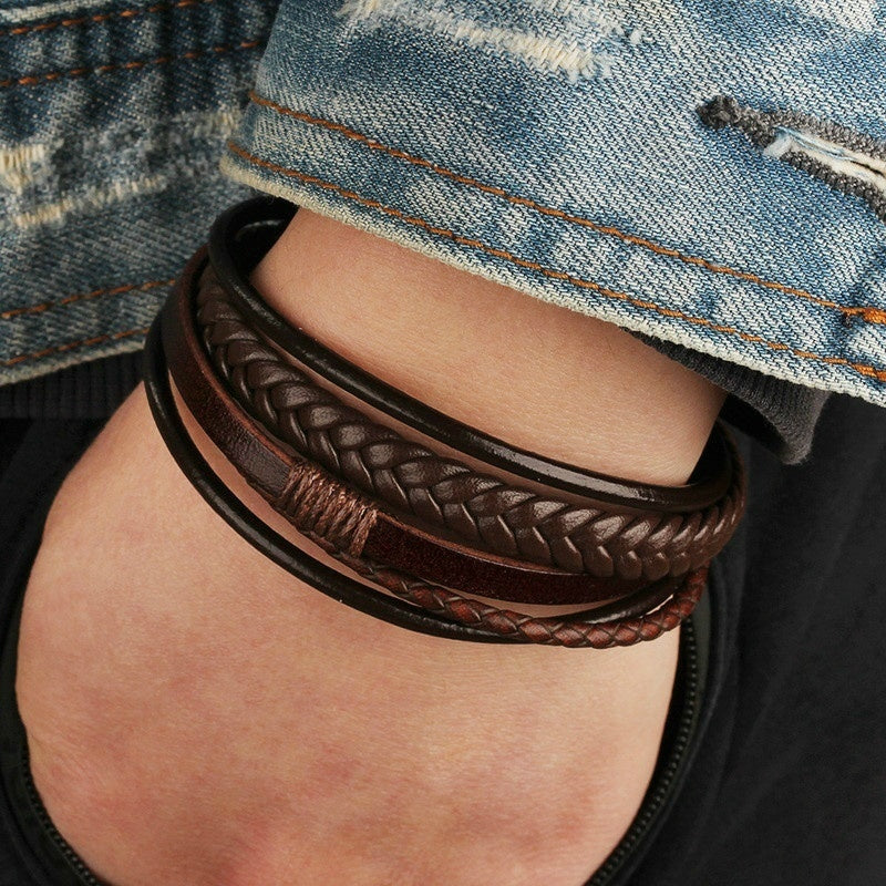 [Stylish Leather Bracelet] Stylish Durable 1pc Men's Hand-Woven Multi-Layer Leather Bracelet | with Buckle Closure, Versatile Accessory for Casual or Formal Wear NovaCart