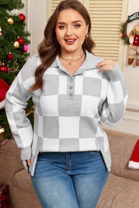 Plus Size Checker Buttoned Polo Collar Sweater Shop Style & More | Fresh Looks, Everyday Deals & Free Shipping