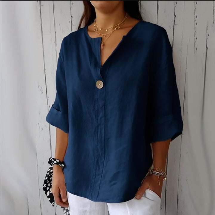 Women's V-Neck Long-Sleeve Button Top – Loose Fit Casual Blouse FitiqueFit