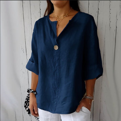 Women's V-Neck Long-Sleeve Button Top – Loose Fit Casual Blouse FitiqueFit