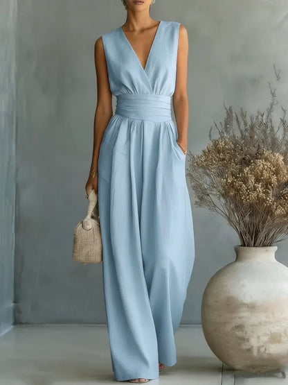 Women's Elegant V-Neck Sleeveless Jumpsuit – Waist-Cinching Straight Leg FitiqueFit