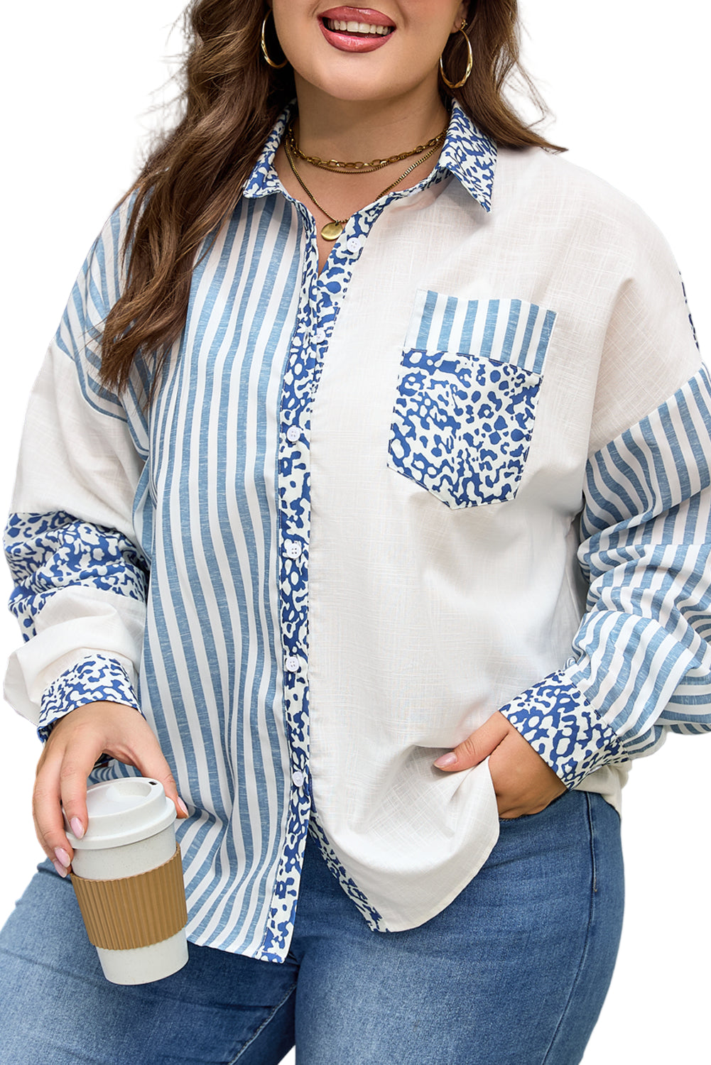 Sky Blue Leopard Striped Patchwork Casual Plus Shirt Garden Naked Curves