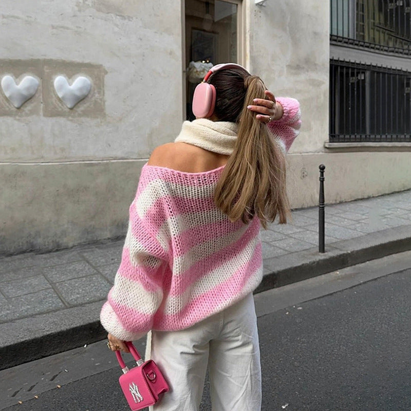 Loose Striped Pullover Sweater Fashion Versatile Long-sleeved Knitted Tops For Women Clothing See size chart under “more details” The Fashion Celestial