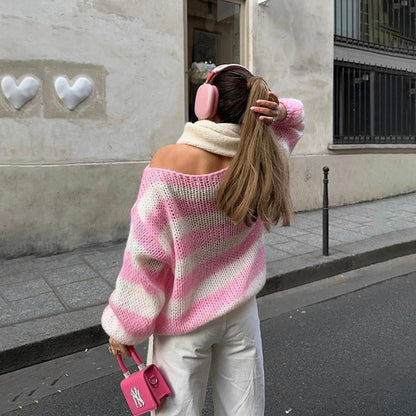 Loose Striped Pullover Sweater Fashion Versatile Long-sleeved Knitted Tops For Women Clothing See size chart under “more details” The Fashion Celestial