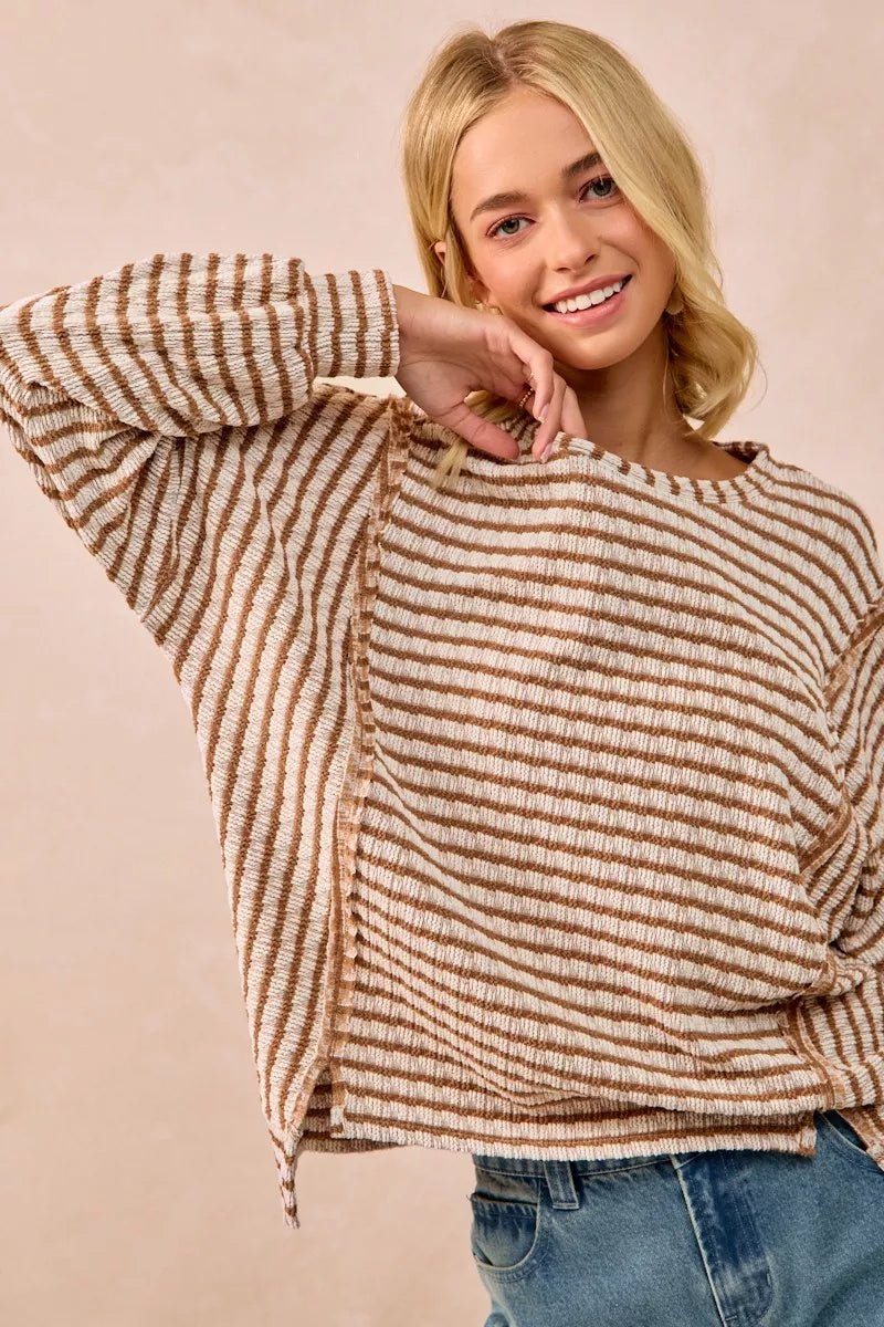 BiBi Open Seam Detail Textured Stripe Knit Top West2East Surf