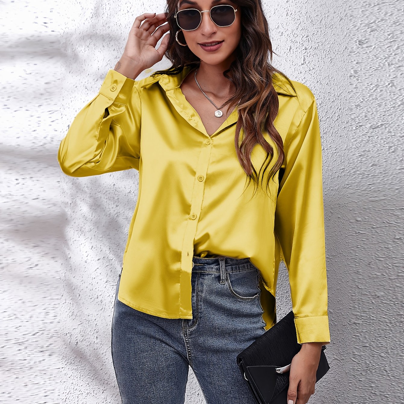 Hot Style In-Kind Shooting Satin Shirt Women'S Satin Imitation Long-Sleeved Shirt New European And American Cross-Border Women'S Clothing NovaCart
