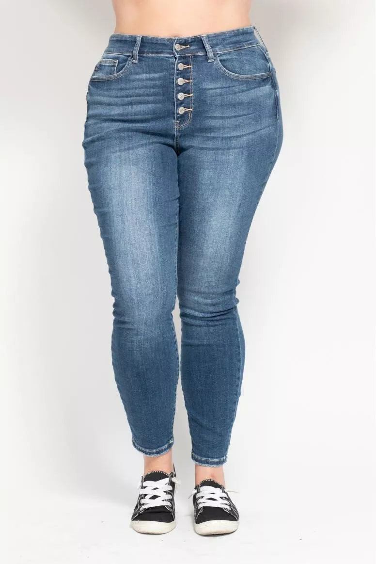 Judy Blue Full Size High Rise Button Fly Skinny Jeans Plus Size Garden Naked Curves