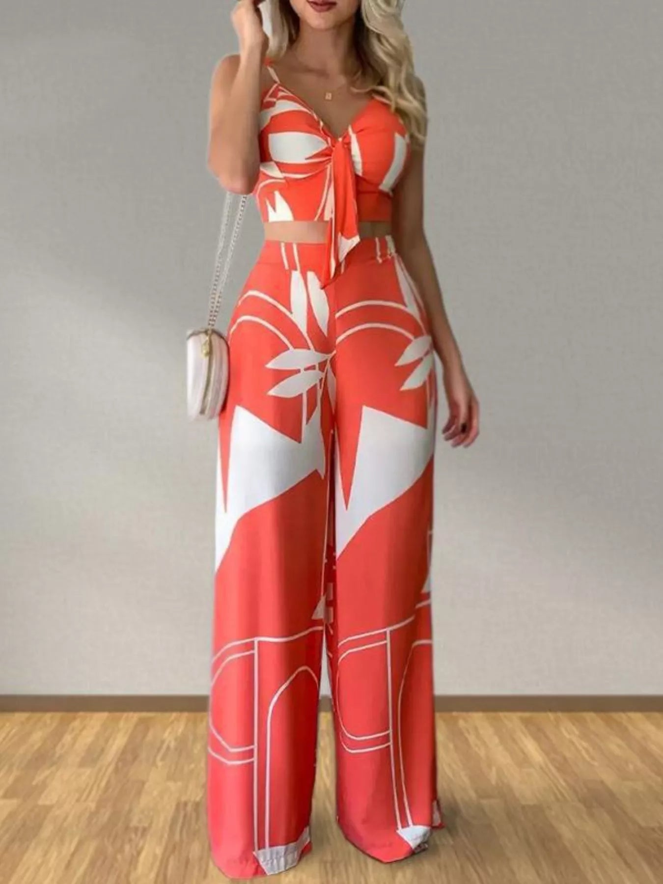 Tropical Print Spaghetti Strap Crop Top and Wide Leg Pants Set New Era Fashion LLc