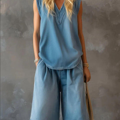 Women's V-Neck Sleeveless Loose Top & Wide-Leg Shorts Set FitiqueFit