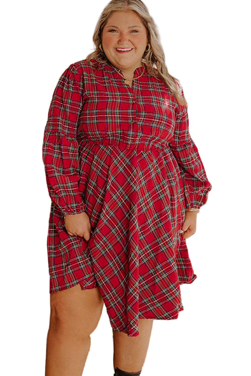 Red Plus Size Plaid Half Button Long Sleeve Holiday Dress Garden Naked Curves