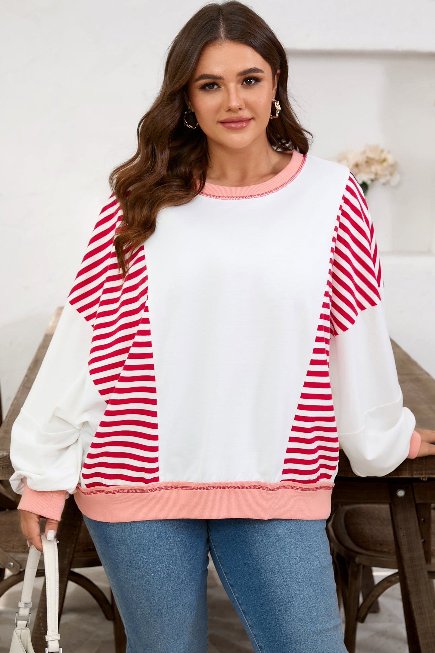 Red Stripe Color Block Patchwork Seam Detail Plus Size Sweatshirt Garden Naked Curves