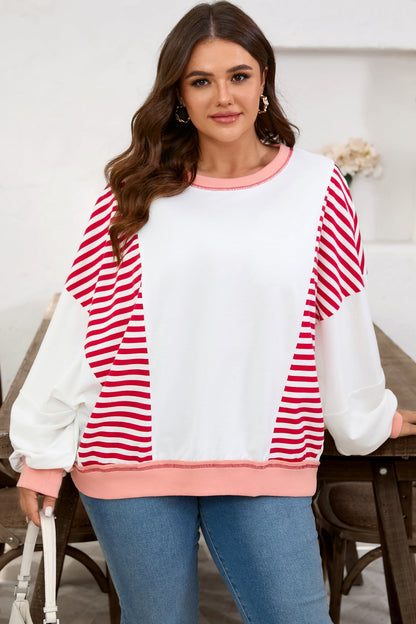 Red Stripe Color Block Patchwork Seam Detail Plus Size Sweatshirt Garden Naked Curves