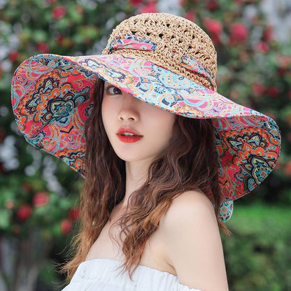 Women's Patterned Straw Beach Sun Hat – Round Crown UV Protection Summer Hat FitiqueFit