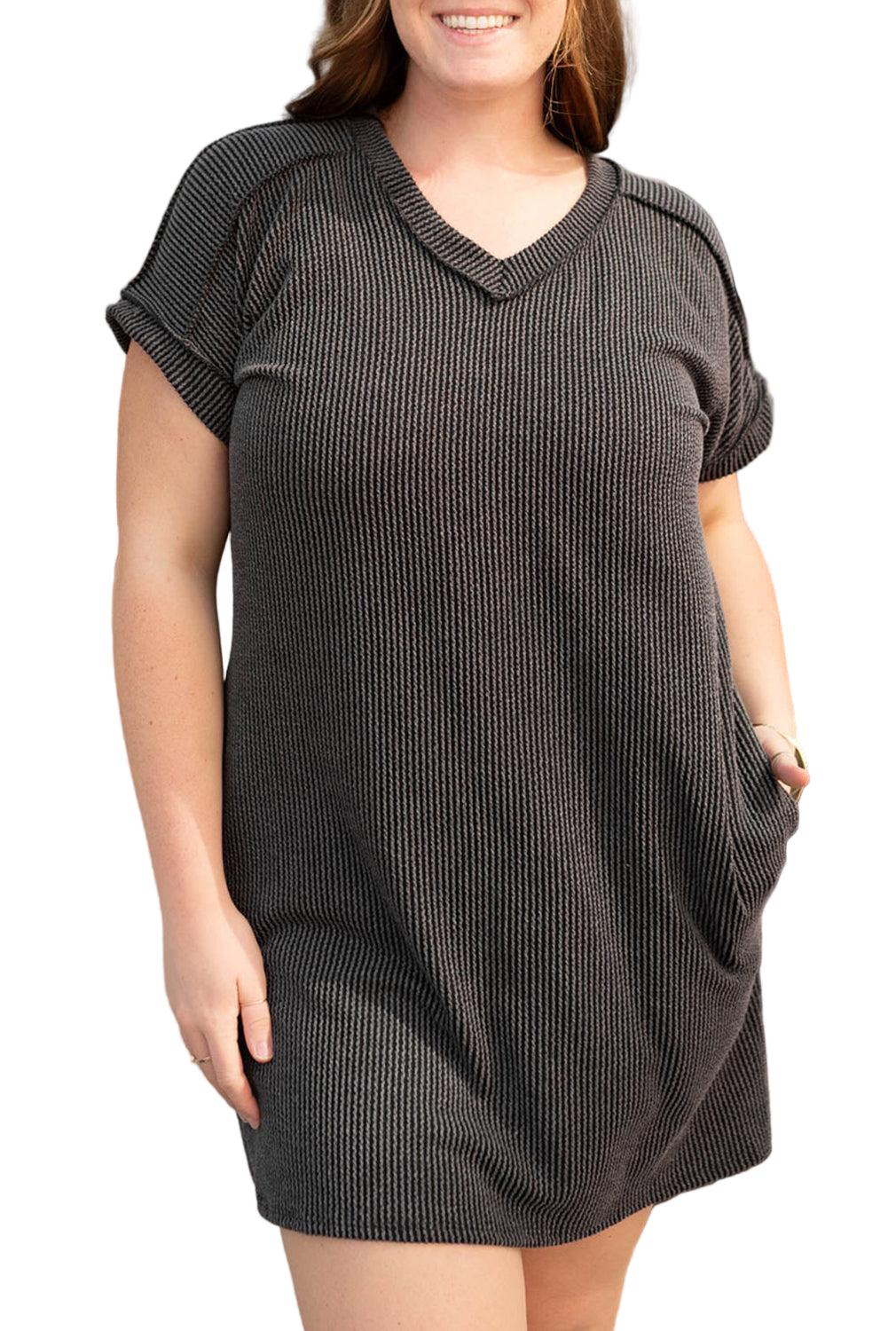 Carbon Grey Corded V Neck Plus Size T Shirt Dress with Pockets Garden Naked Curves