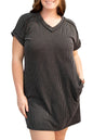 Carbon Grey Corded V Neck Plus Size T Shirt Dress with Pockets Garden Naked Curves