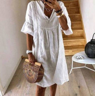 Women's V-Neck Flared Sleeve A-Line Mini Dress – Lace Stitching FitiqueFit