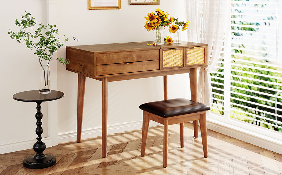 43.3 "Wooden vanity set with flip mirror and stool, three drawers and storage space for dressing table, brown
