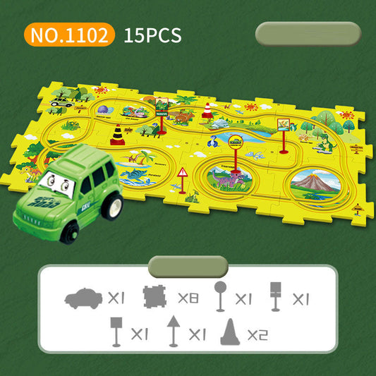 DIY assembly of children's puzzle track car with various scenarios city map construction electric puzzle track car
