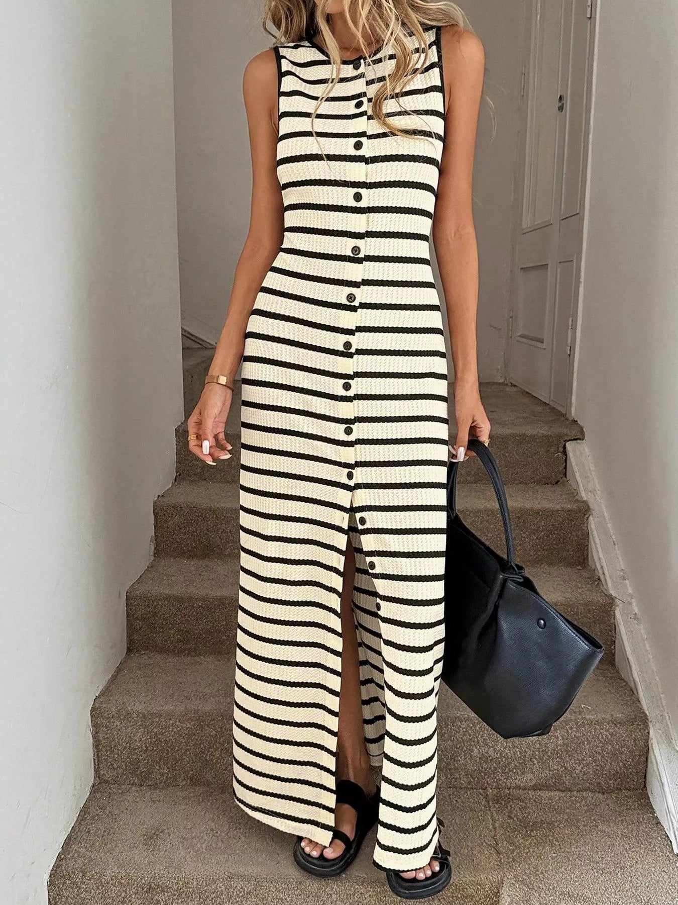 Striped Button-Front Sleeveless Slit Maxi Dress New Era Fashion LLc