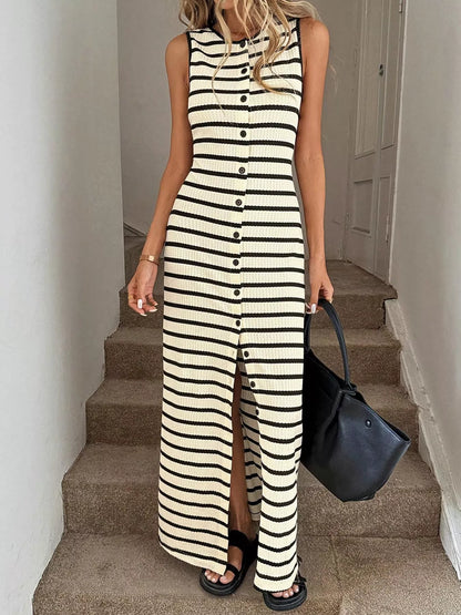 Striped Button-Front Sleeveless Slit Maxi Dress New Era Fashion LLc