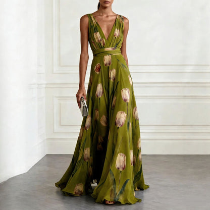 Women's Tulip Print Sleeveless Deep V-Neck A-Line Maxi Dress – 7 Colors FitiqueFit