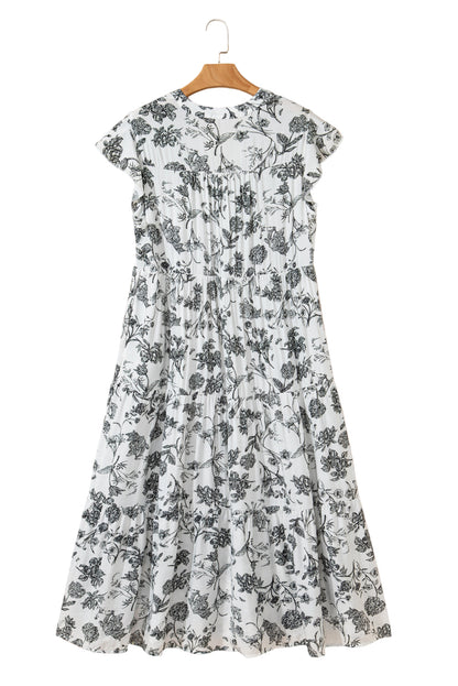 Black Floral Print Piping Trim Notched Neck Ruffle Sleeve Plus Size Long Dress Garden Naked Curves