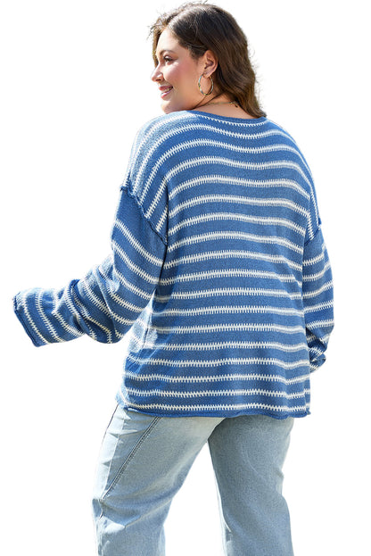 Sky Blue Stripe Drop Shoulder O Neck Plus Size Sweater Garden Naked Curves
