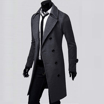 Men'S Woolen Trench Coat Premium Double Breasted Slim Fit Winter Overcoat Long Jacket Business Pea Jacket Coat Gray