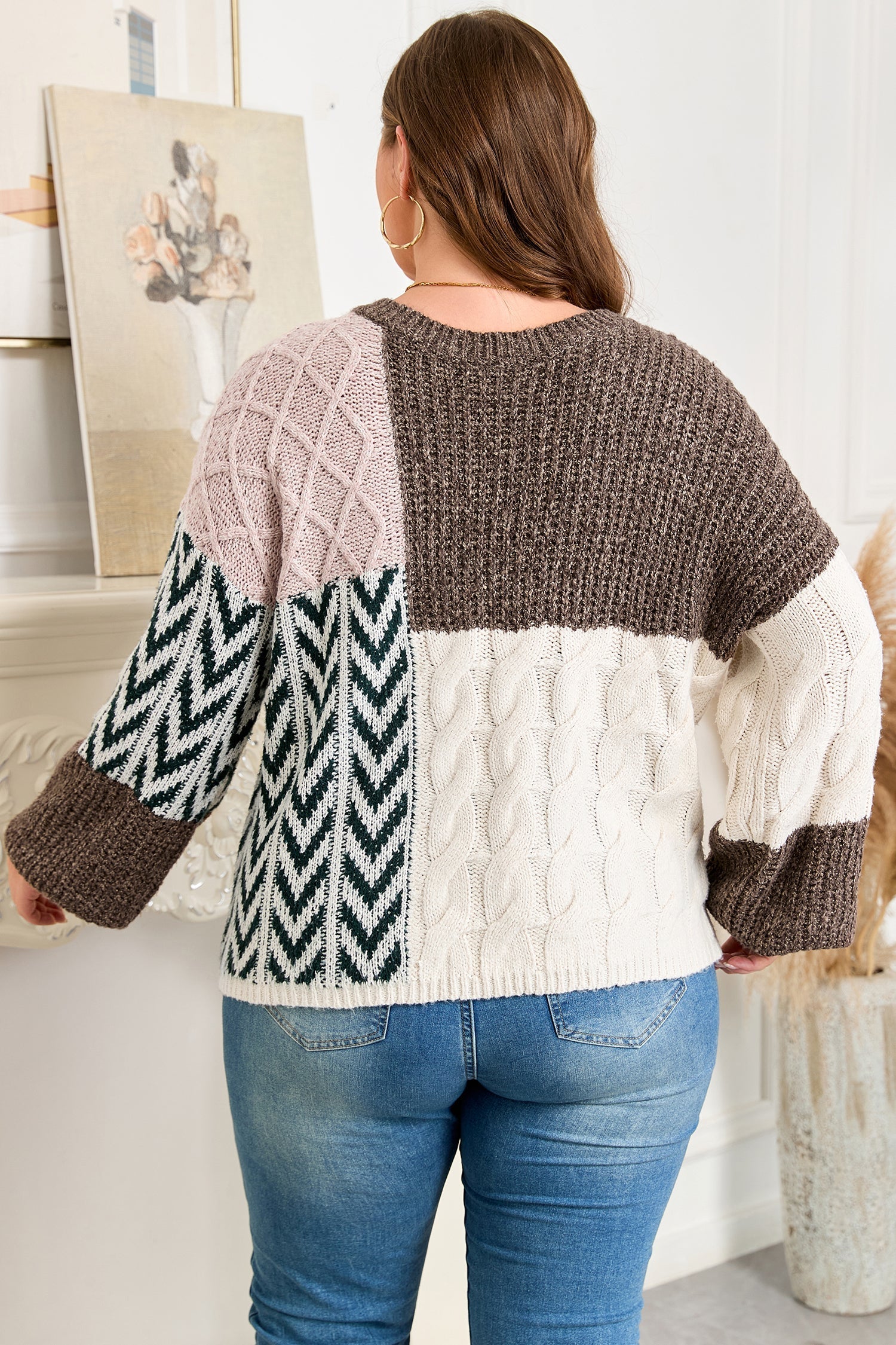 Brown Plus Size Color Block Patchwork Knotted Back Loose Fit Sweater Garden Naked Curves