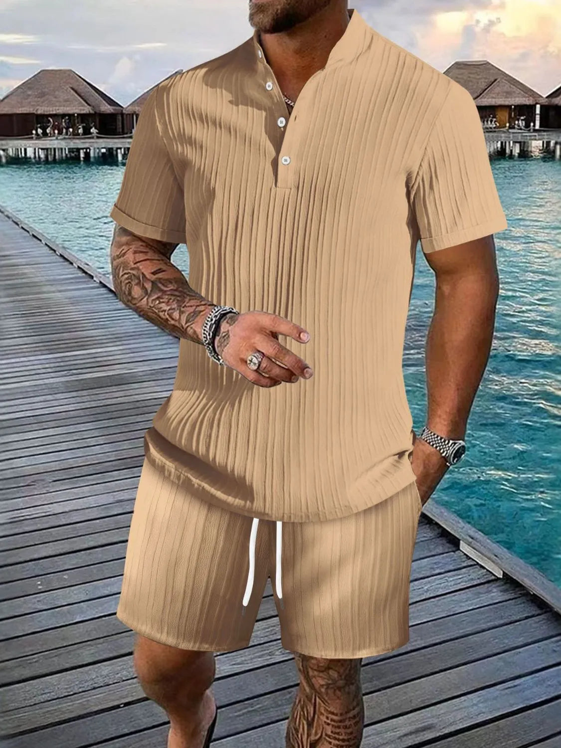 Men's Full Size Button Detail Short Sleeve Top and Shorts Set Plus Size New Era Fashion LLc
