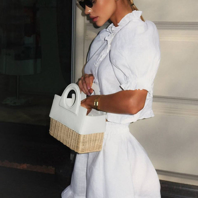 Women's Ruffled Linen-Blend Cropped Blouse & Shorts Set FitiqueFit