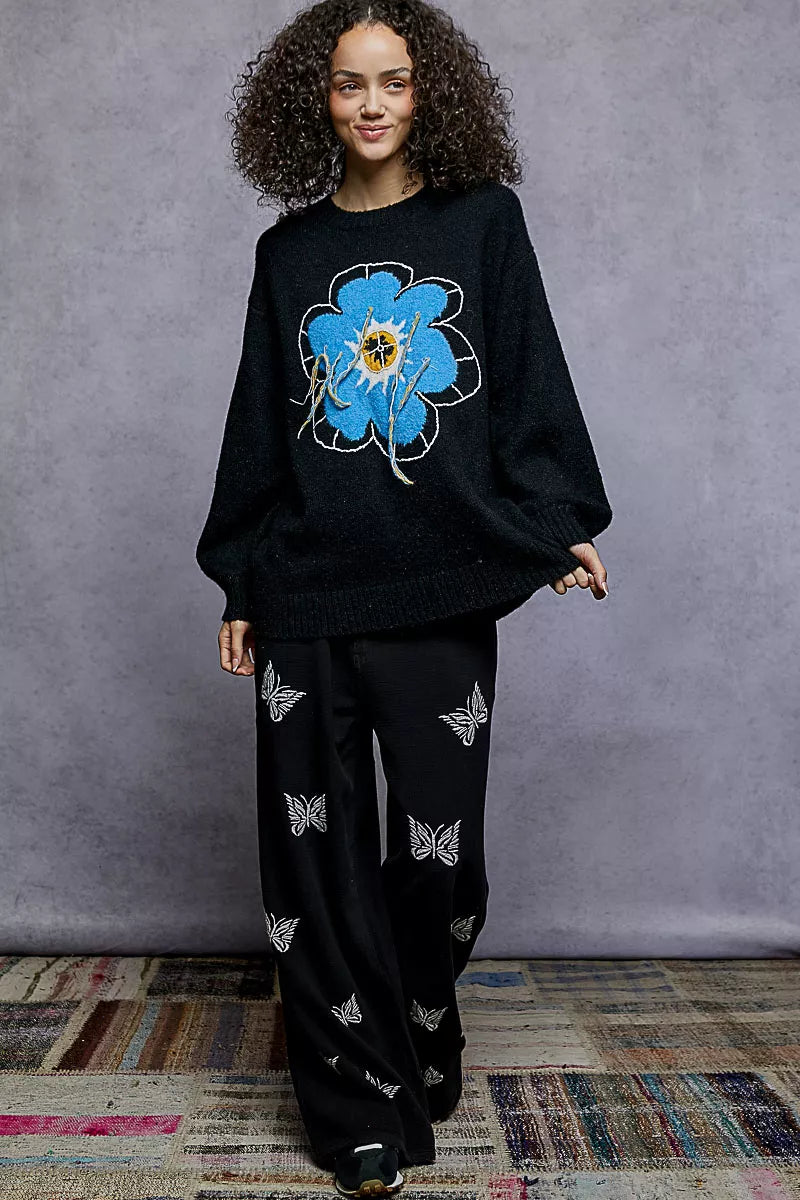POL Floral Pattern Round Neck Sweater with Exposed Stitching FitiqueFit